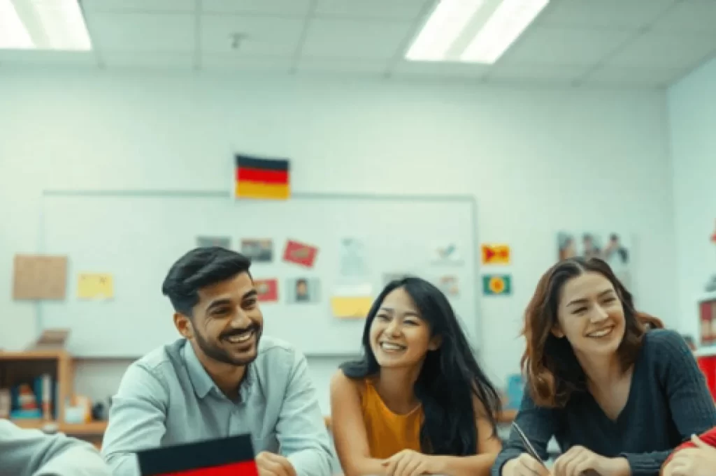 Students practicing German listening skills during German classes in Kochi